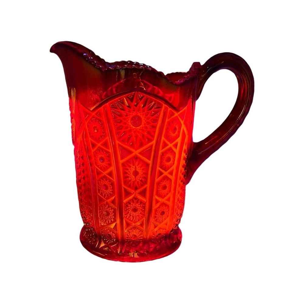 Vtg Carnival Indiana Glass Red Amberina Sunburst Iridescent Heavy Pitcher Glows